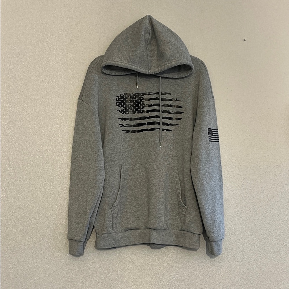 Gray Hoodie with Black Flag Design